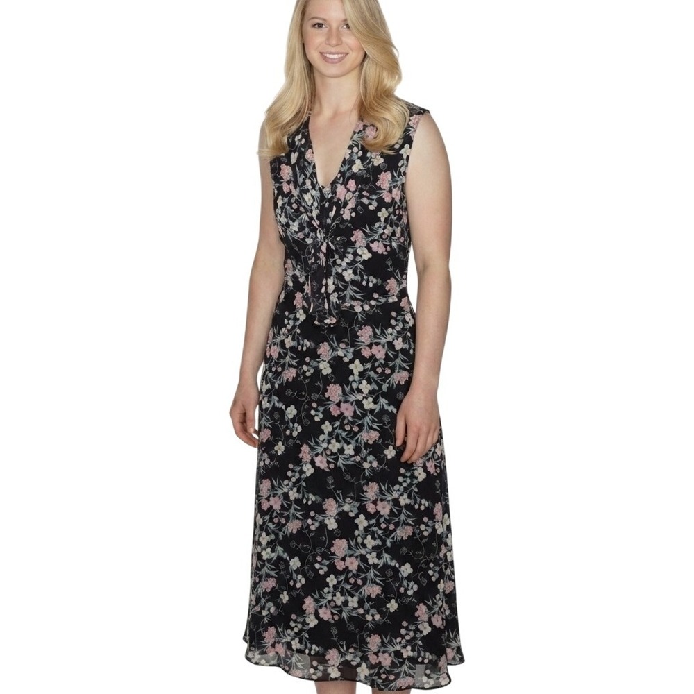 Black Label Evan Picone Dress Womens 10 Black Floral Y2K Bloomcore Tie Neck 90s
